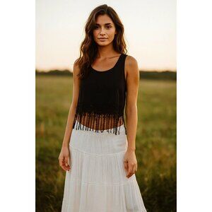 Monteau Black Cropped Tank Top Lace Back Fringe Hem Sleeveless Scoop Neck Size M